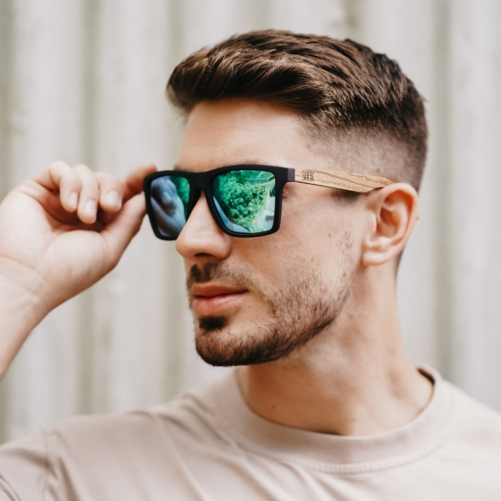 FORRESTERS l Black Frame l Walnut Wooden Arms l Blue Polarised Lens