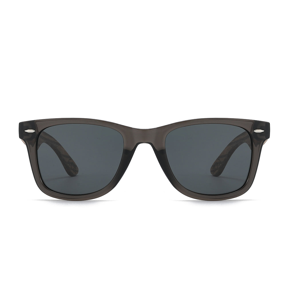 SOEK Black sunglasses with wooden arms on a white background