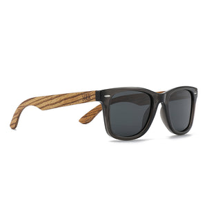 SOEK Black sunglasses with wooden arms on a white background