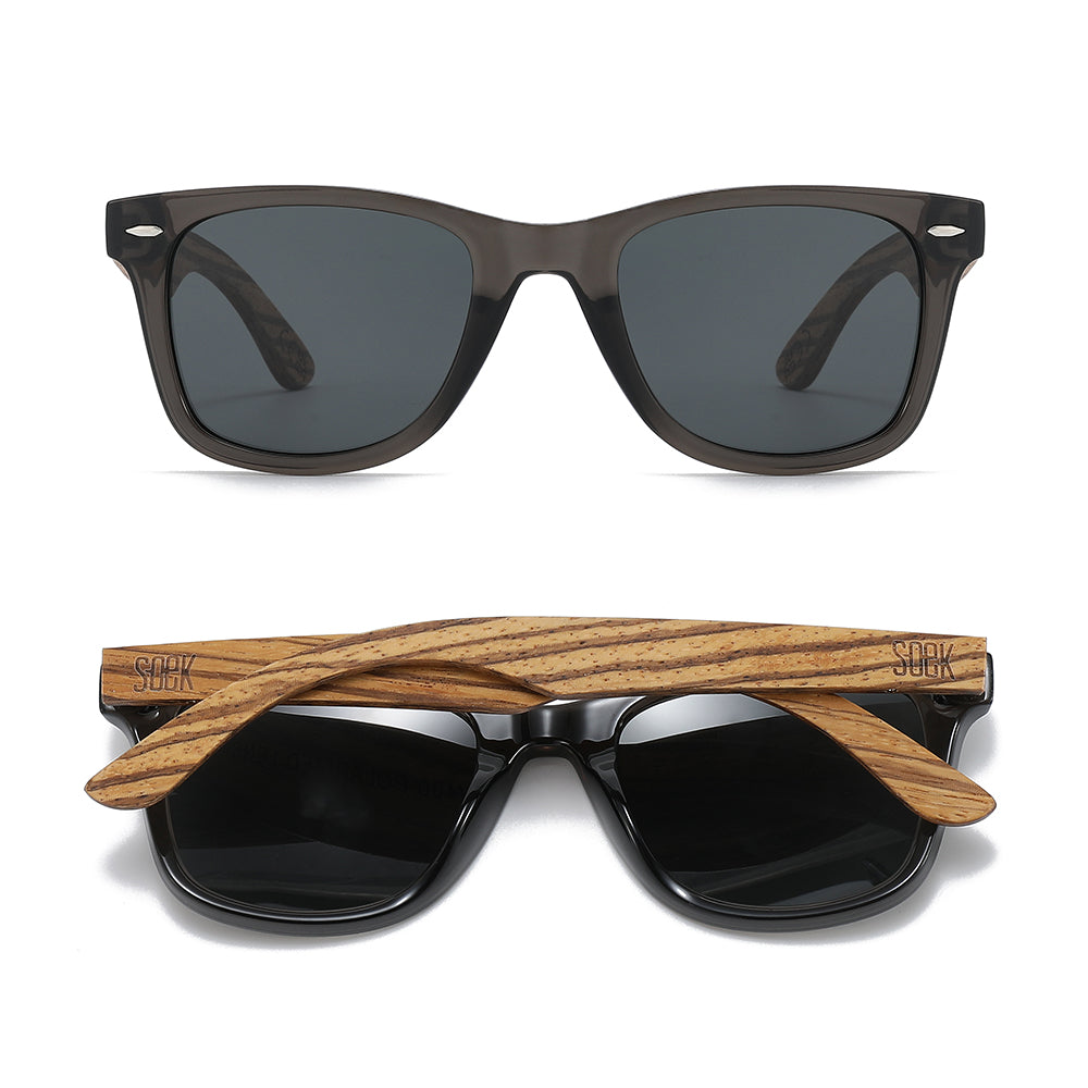 SOEK Black sunglasses with wooden arms on a white background