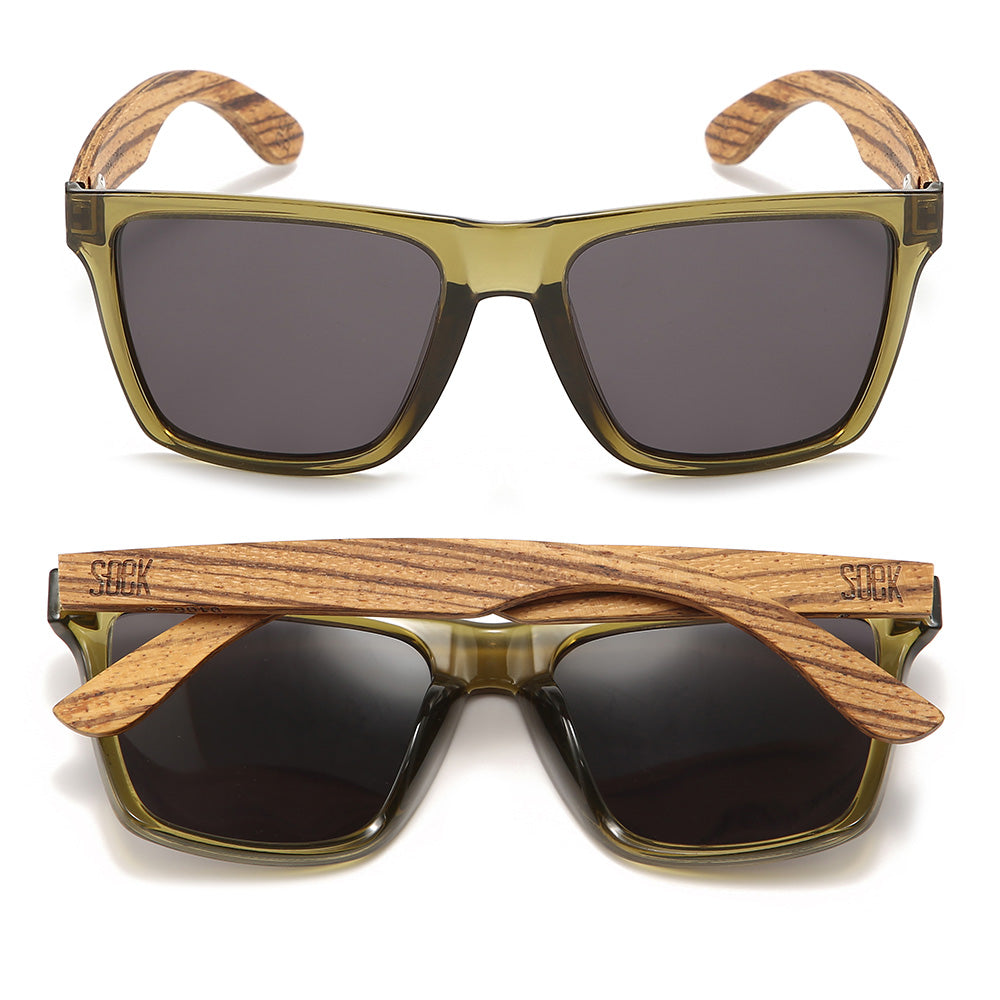 DALTON KHAKI l Polarised Black Lens l Walnut Wooden Arms