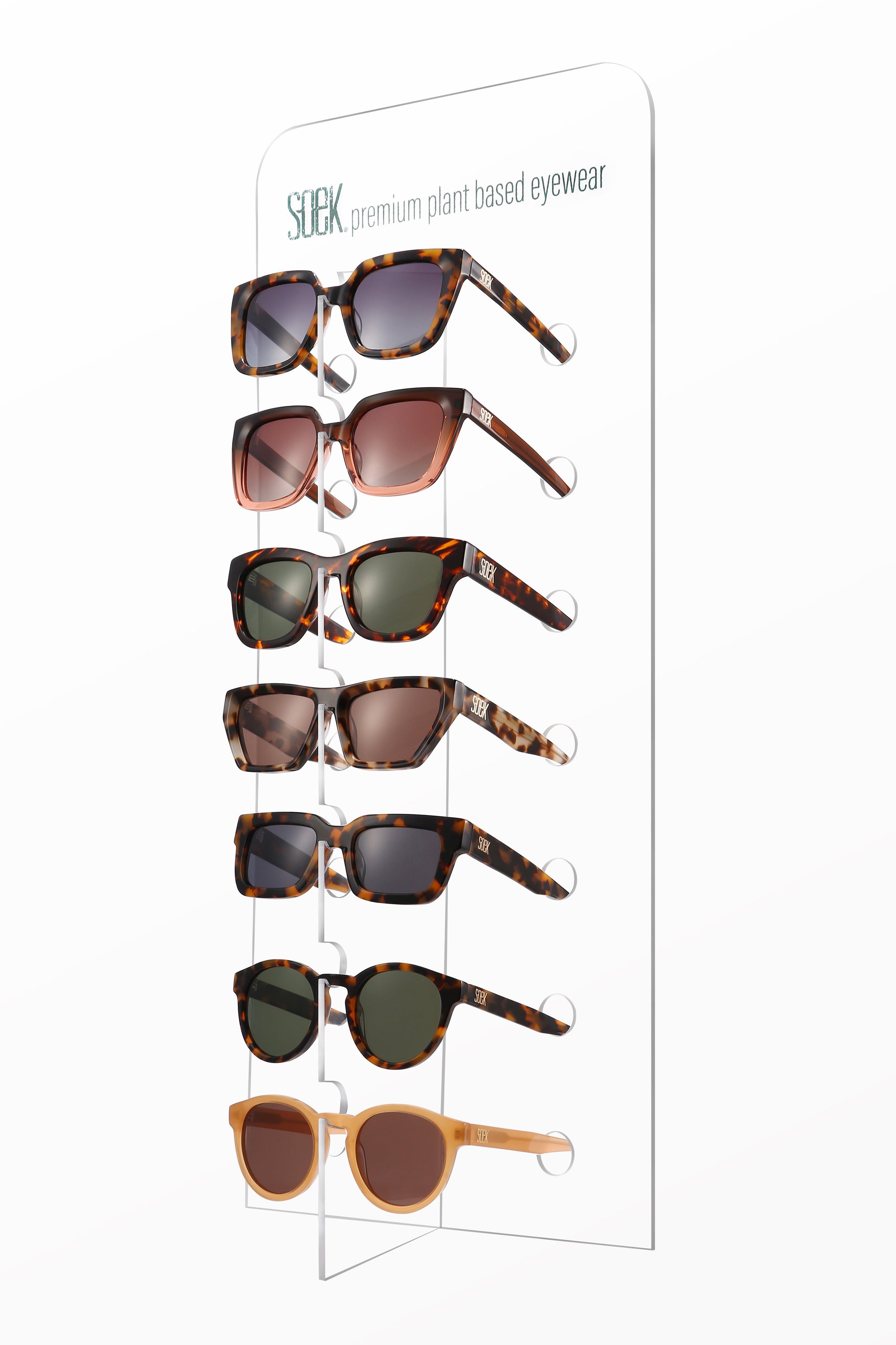 7 Sunglasses Clear Recycled Plastic SOEK Stand