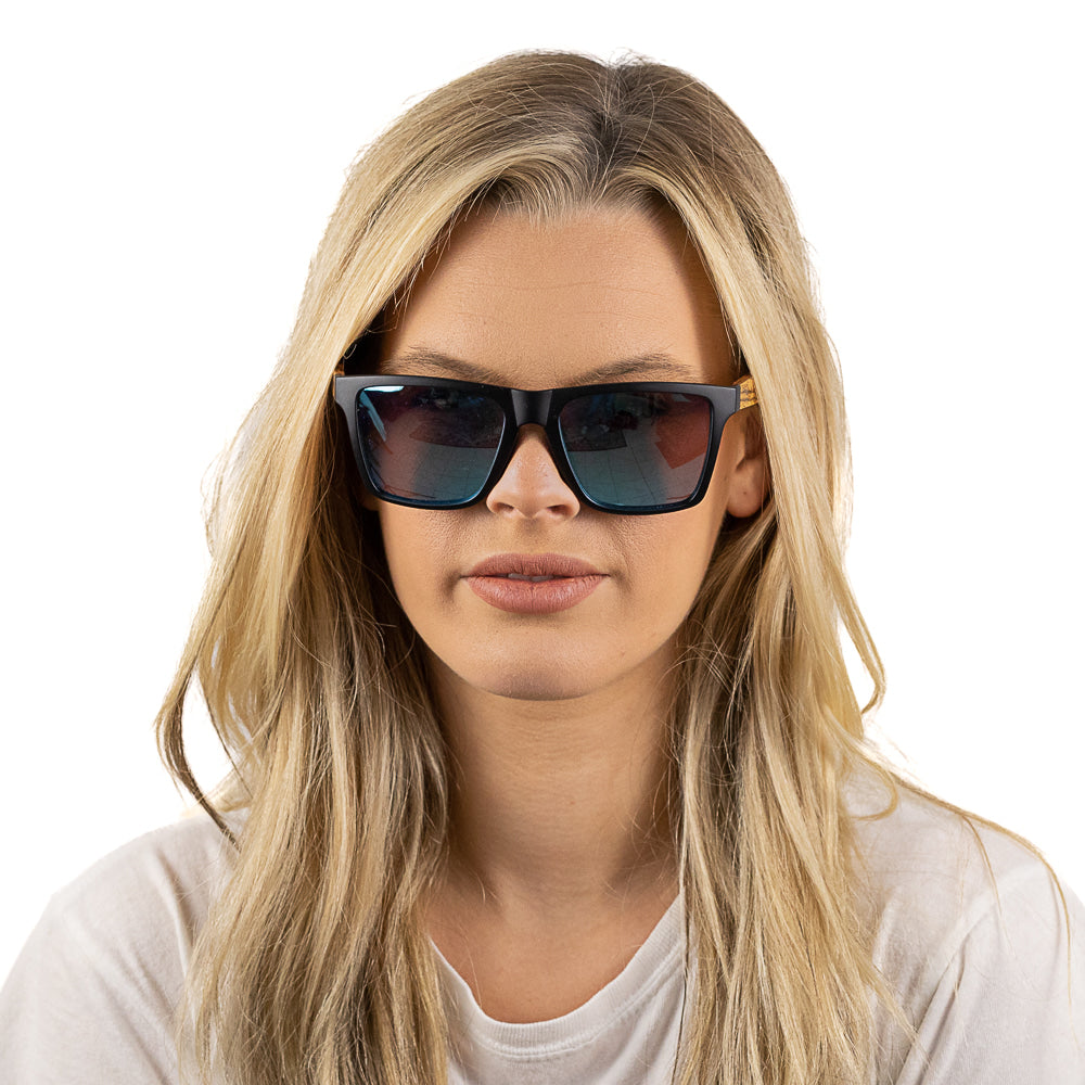 FORRESTERS l Black Frame l Walnut Wooden Arms l Blue Polarised Lens