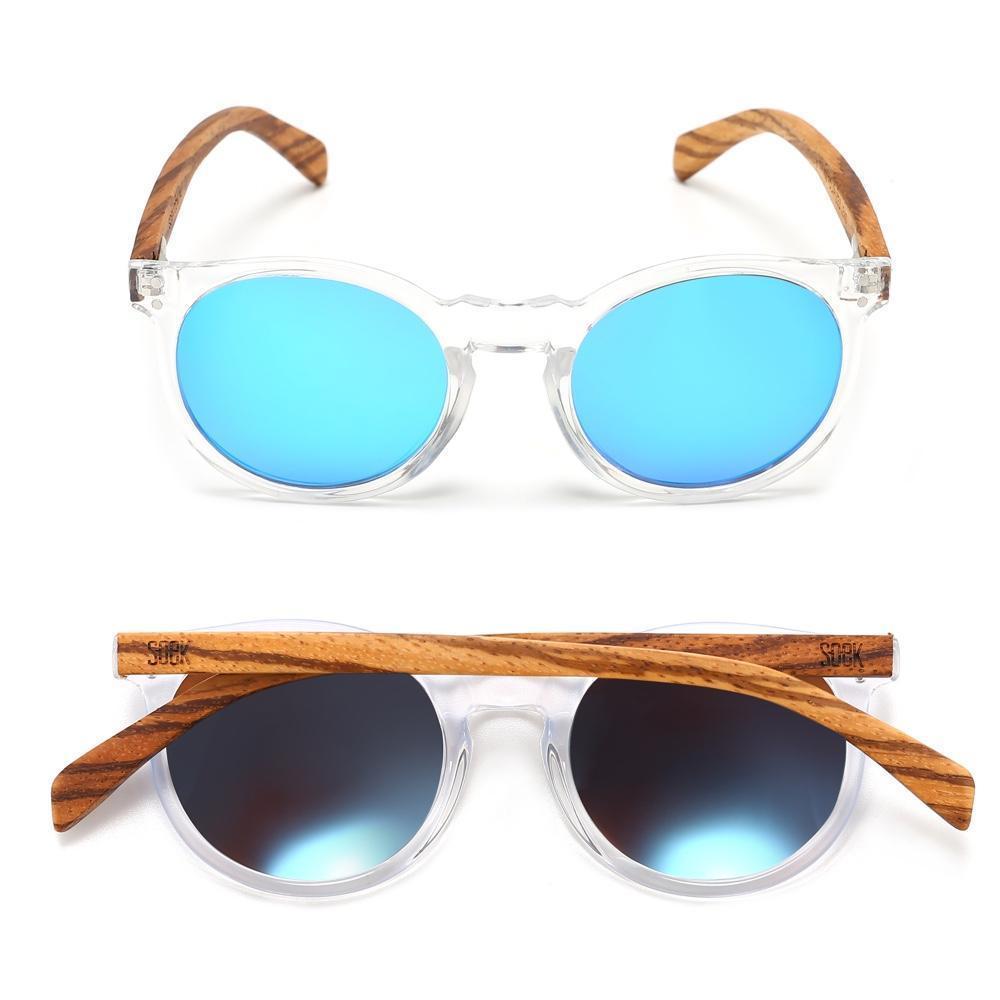 Buy Online Fashion Sustainable WINEGLASS BAY - Clear Sustainable Polarised Sunglasses with Walnut Wooden Arms and Blue Polarised Lens - Adult with Exceptional Comfort - Soek- South Africa