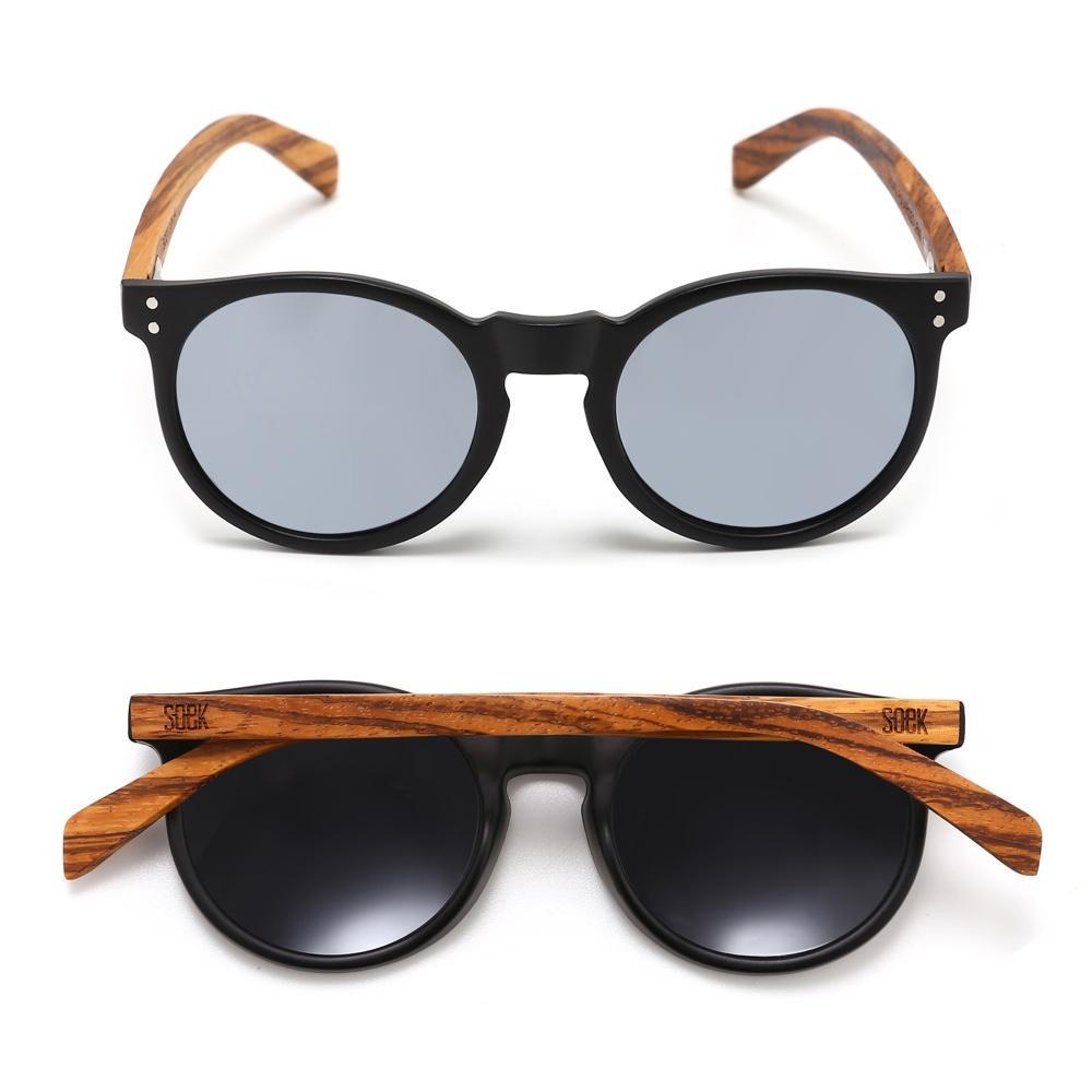 SORRENTO - Black Sustainable Sunglasses with Walnut Wooden Arms and Silver Polarized Lens with Hessian Zipper Case - Adult