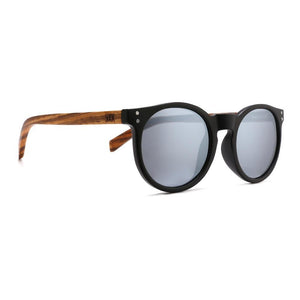 SORRENTO - Black Sustainable Sunglasses with Walnut Wooden Arms and Silver Polarized Lens with Hessian Zipper Case - Adult