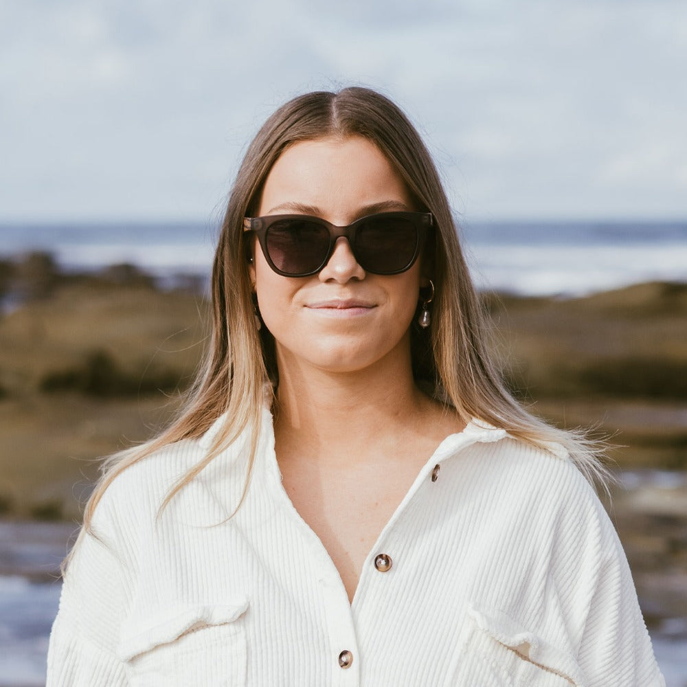 Buy Online Fashion Sustainable LILA GRACE CHARCOAL GREY - Wooden Polarised Sunglasses with Black Graduated Lens and Walnut Arms with Exceptional Comfort - Soek- South Africa