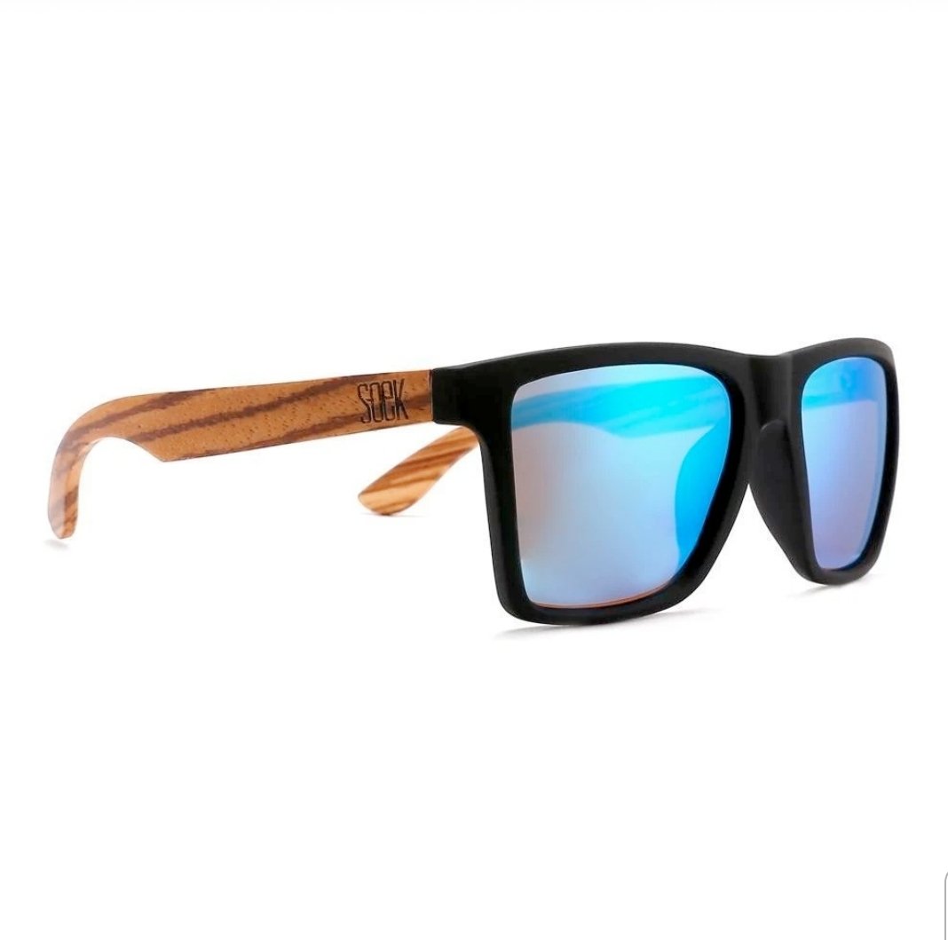 FORRESTERS -Black Sustainable Sunglasses with Walnut Wooden Arms and Blue Polarized Lens - Adult
