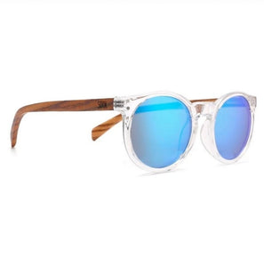 Buy Online Fashion Sustainable WINEGLASS BAY - Clear Sustainable Polarised Sunglasses with Walnut Wooden Arms and Blue Polarised Lens - Adult with Exceptional Comfort - Soek- South Africa